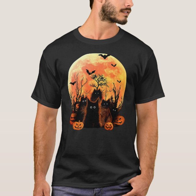 Black Cat Pumpkin Moon Halloween Costume Cat Lover T-Shirt (Front)