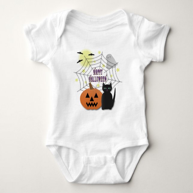 Black Cat & Pumpkin Not Scary Halloween Baby Bodysuit (Front)