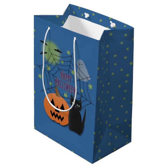 Black Cat & Pumpkin Not Scary Halloween Medium Gift Bag (Back Angled)