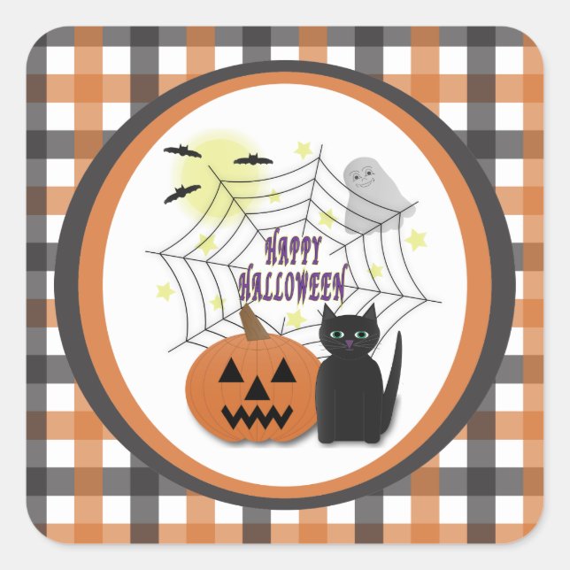 Black Cat & Pumpkin Not Scary Halloween Square Sticker (Front)