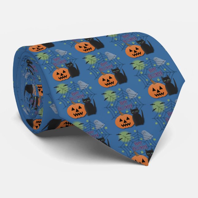 Black Cat & Pumpkin Not Scary Halloween Tie (Rolled)