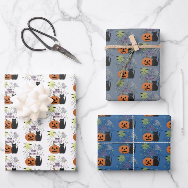 Black Cat & Pumpkin Not Scary Halloween Wrapping Paper Sheet (Front)