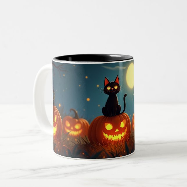 Black Cat Pumpkin Patch Two-Tone Coffee Mug (Front Left)