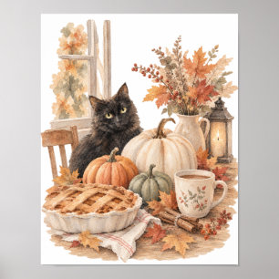 Black Cat Pumpkin Pie Vintage Fall Kitchen Poster