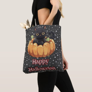 Black Cat Pumpkin Polka Dots Black Happy Halloween Tote Bag