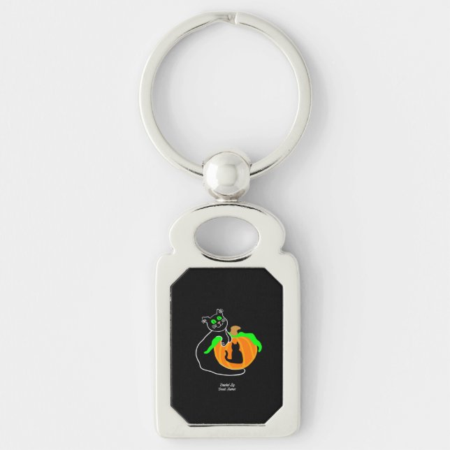 Black Cat Pumpkin Rectangle Metal Keychain (Front)