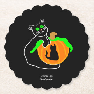 Black Cat Pumpkin Scalloped Round Paper Coaster