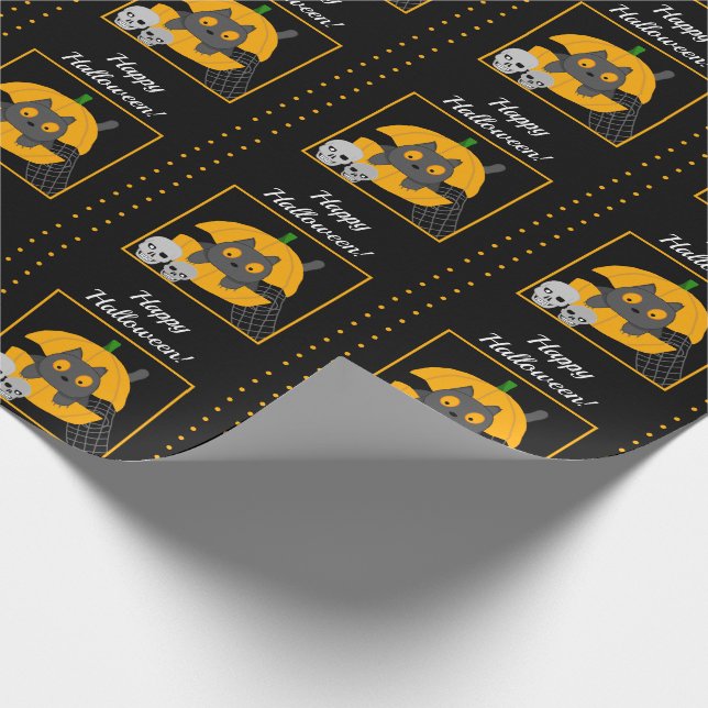 Black Cat Pumpkin Skulls Kids Halloween Wrapping Paper (Corner)