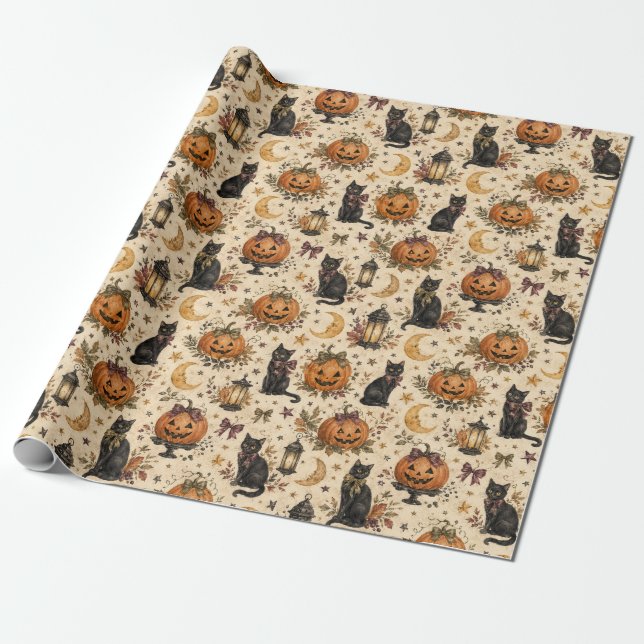 Black Cat Pumpkin Vintage Halloween Gift Wrap (Unrolled)