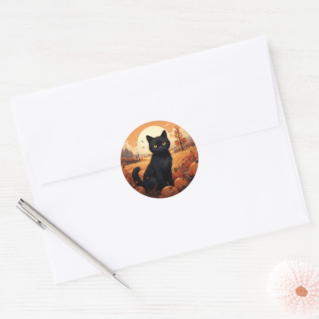 Black Cat, Pumpkins and Bats  Classic Round Sticker (Envelope)