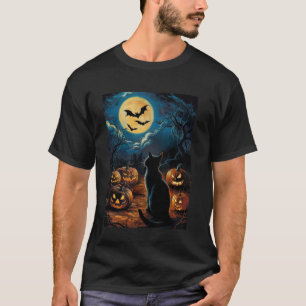 Black Cat Pumpkins Bats Halloween - Starry Night E T-Shirt