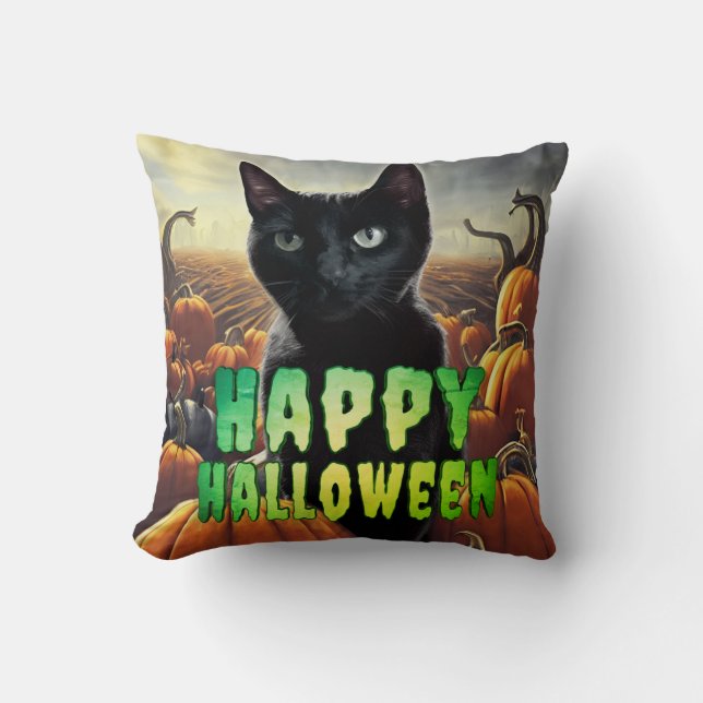 Black Cat & Pumpkins Cushion (Front)