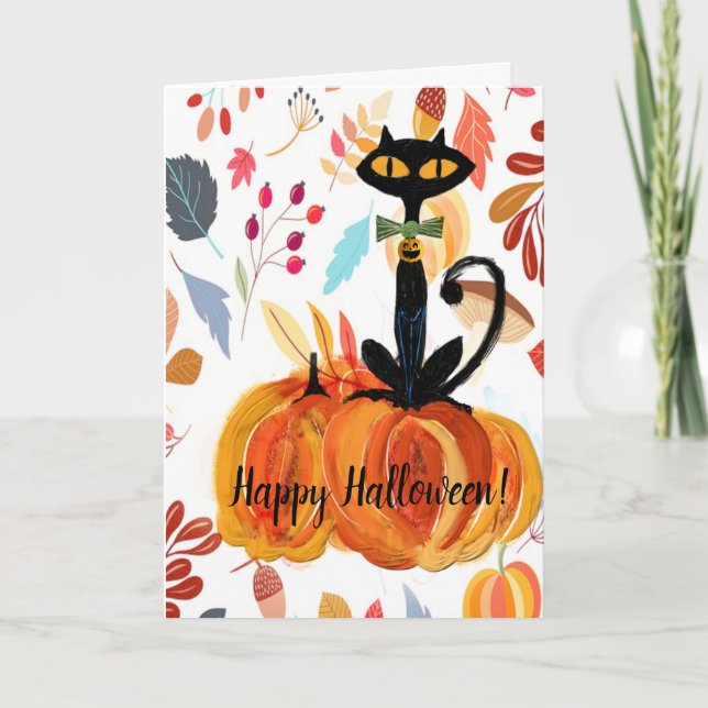 Black Cat & Pumpkins Halloween Greeting Card (Front)