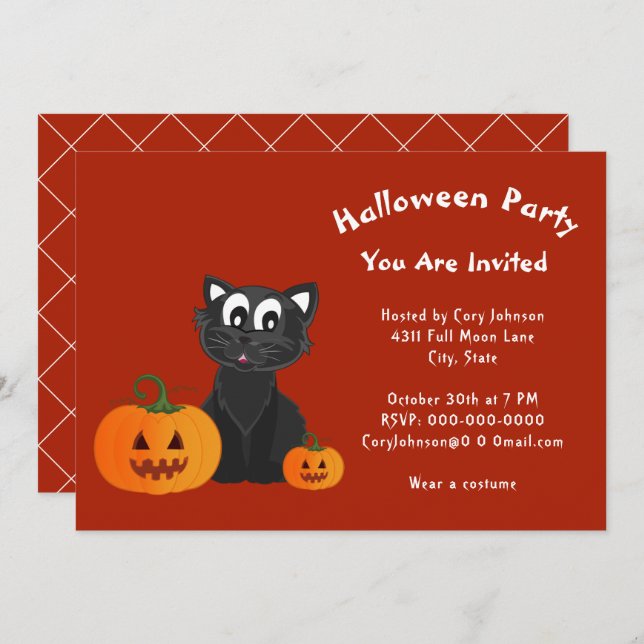 Black Cat Pumpkins Red Orange Halloween Party Invitation (Front/Back)