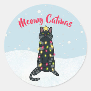 Black cat pun in Christmas lights funny Christmas Classic Round Sticker