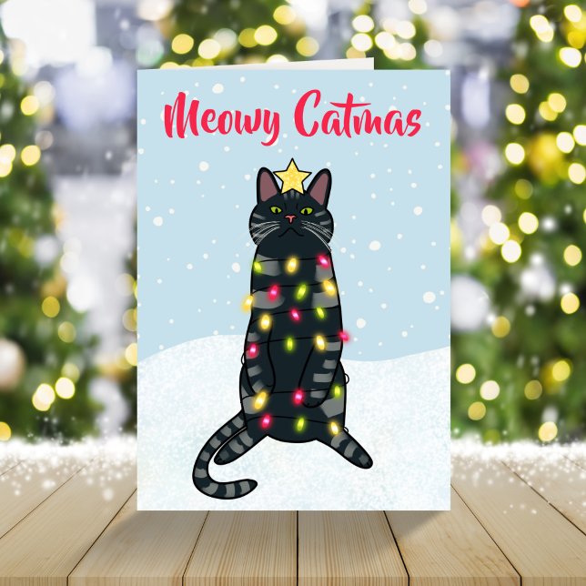 Black cat pun in Christmas lights funny Christmas  Holiday Card (Creator Uploaded)