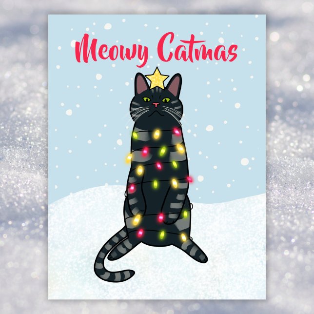 Black cat pun in Christmas lights funny Christmas Holiday Postcard (Creator Uploaded)