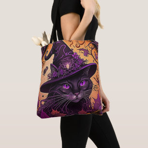 Black Cat Purple Eyes Witches Hat Halloween Tote Bag