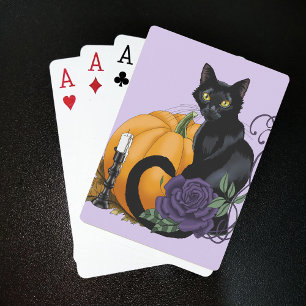 Black Cat Purple Rose Pumpkin Autumn Playing Cards