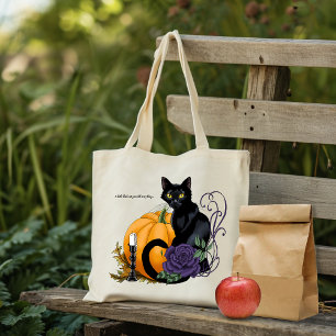 Black Cat Purple Rose Pumpkin Autumn Tote Bag