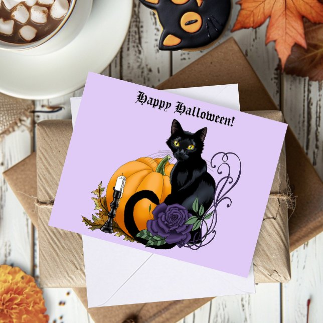 Black Cat Purple Rose Pumpkin Halloween Card (Creator Uploaded)