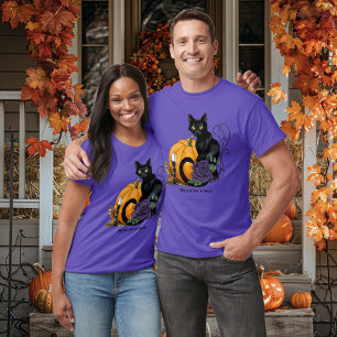 Black Cat Purple Rose Pumpkin Halloween T-Shirt