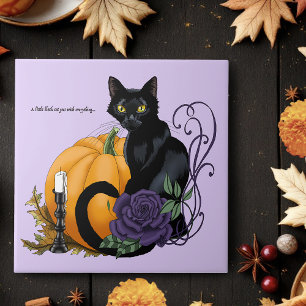Black Cat Purple Rose Pumpkin Halloween Tile