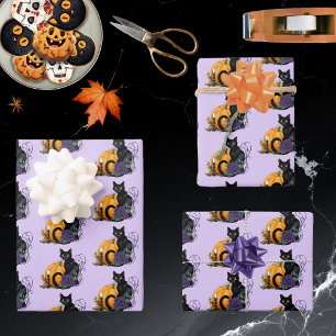 Black Cat Purple Rose Pumpkin Halloween Wrapping Paper Sheet