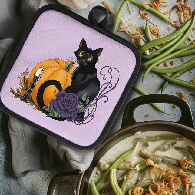 Black Cat Purple Rose Pumpkin Pumpkin Pot Holder (Creator Uploaded)