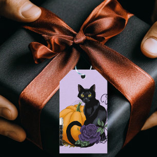 Black Cat Purple Roses Pumpkin Autumn Gift Tags