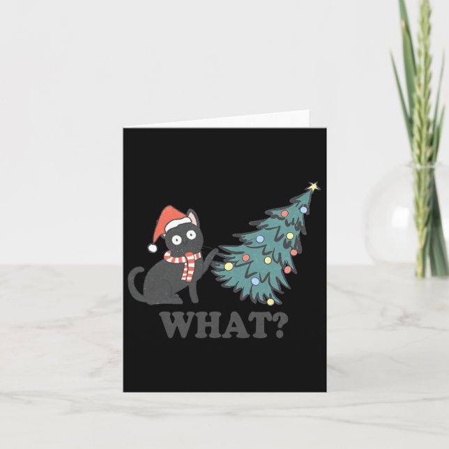 Black Cat Pushing Christmas Tree What Xmas Lights  Card (Front)