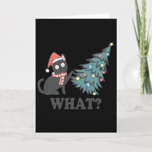 Black Cat Pushing Christmas Tree What Xmas Lights  Card