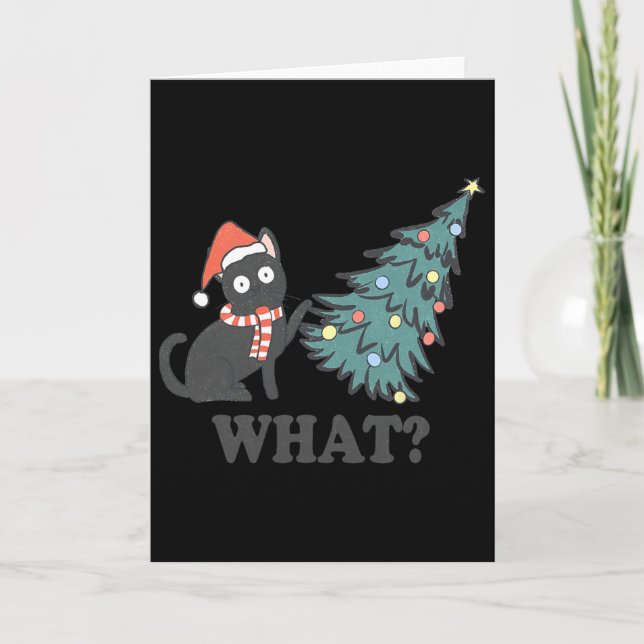 Black Cat Pushing Christmas Tree What Xmas Lights  Card (Front)
