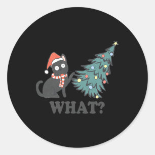 Black Cat Pushing Christmas Tree What Xmas Lights  Classic Round Sticker