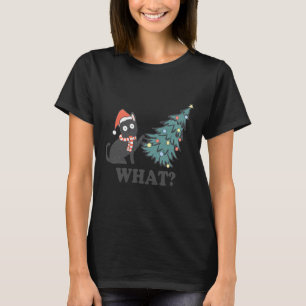 Black Cat Pushing Christmas Tree What Xmas Lights  T-Shirt
