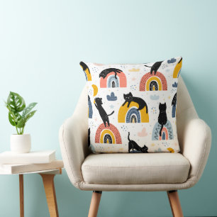 Black Cat Rainbows - Fantasy Whimsical Pattern Cushion