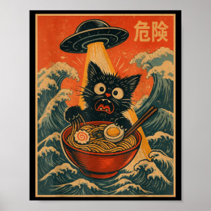 Black Cat Ramen Alien Ufo Funny Japanese Kawaii An Poster