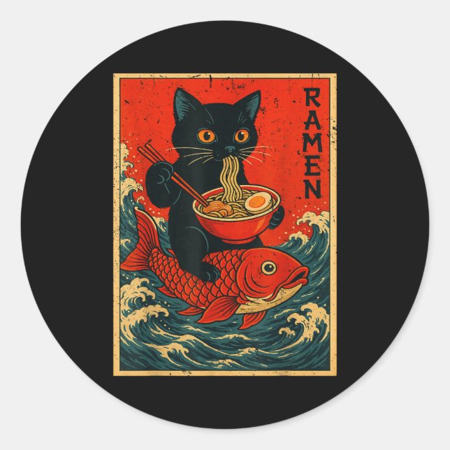 Black Cat Ramen Japanese Graphic Tees For Men Wome Classic Round Sticker (Front)