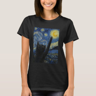 Black Cat Reaching for the Moon Starry Night Sky A T-Shirt