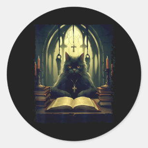 Black Cat Read Book In The Church Gothic Halloween Classic Round Sticker