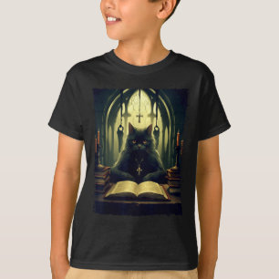 Black Cat Read Book In The Church Gothic Halloween T-Shirt