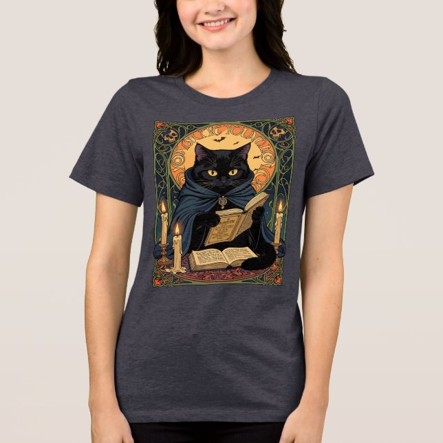 Black Cat Reading A Book Of Solstice Spells Tri-Blend Shirt (Front)