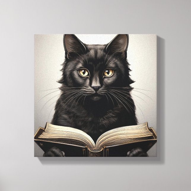 Black Cat Reading an Antique Book Canvas Print (Front)