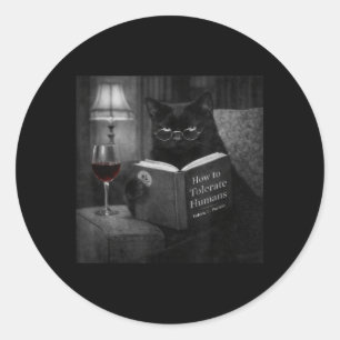 Black Cat Reading Book Funny Retro Cat Photo Humou Classic Round Sticker