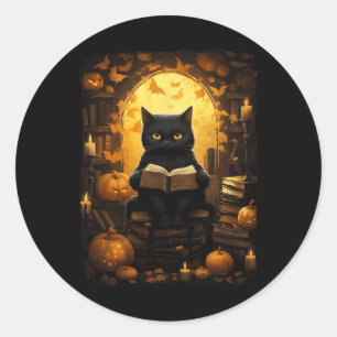 Black Cat Reading Books Pumpkin Autumn Teachers Ha Classic Round Sticker