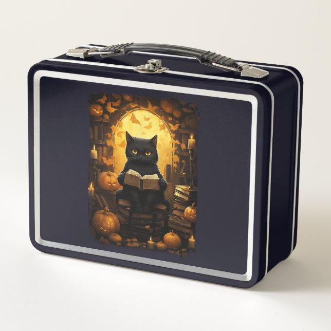 Black Cat Reading Books Pumpkin Autumn Teachers Ha Metal Lunch Box (Front)