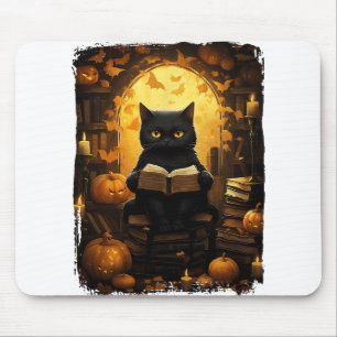 Black Cat Reading Books Pumpkin Autumn Teachers Ha Mouse Pad