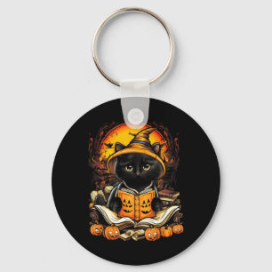 Black Cat Reading Books Pumpkin Autumn Teachers Key Ring