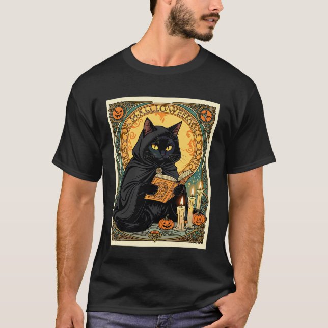 Black Cat Reading The Jack o Lantern Journal T-Shirt (Front)