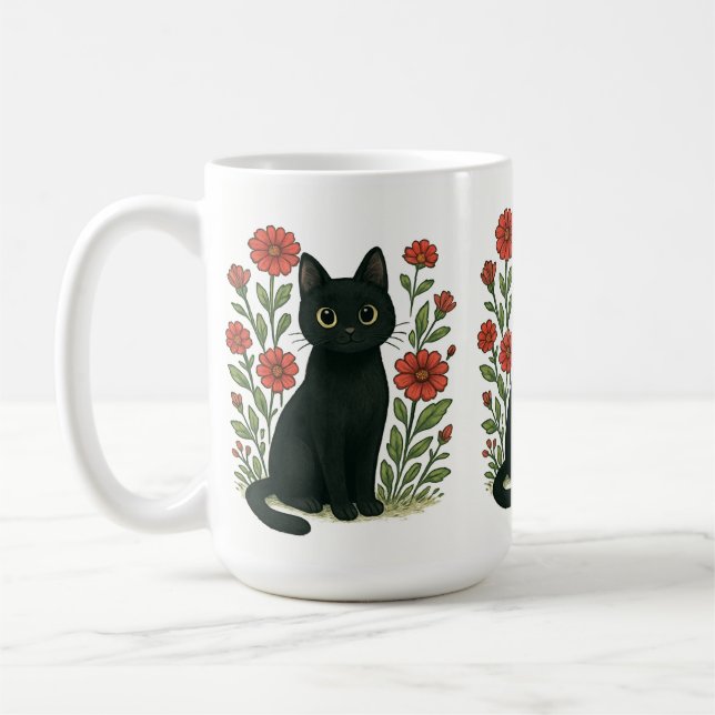 Black Cat & Red Flowers Mug (Left)
